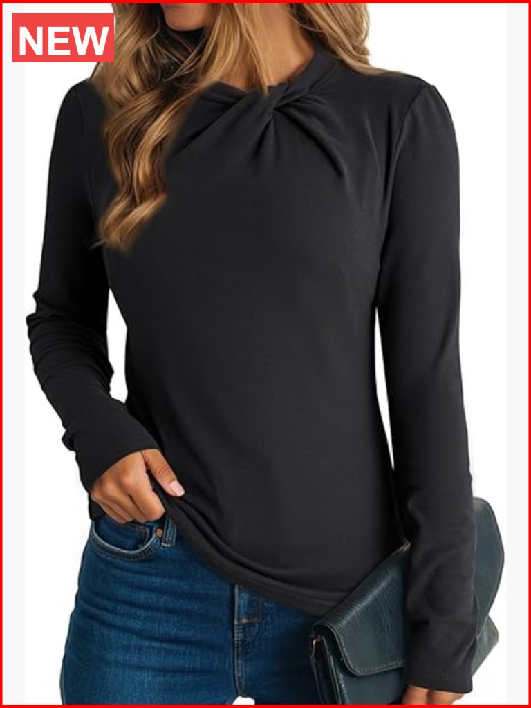Mock Neck Twist Knot Long Sleeve Tunic Blouse Soft Stretch Fleece Top